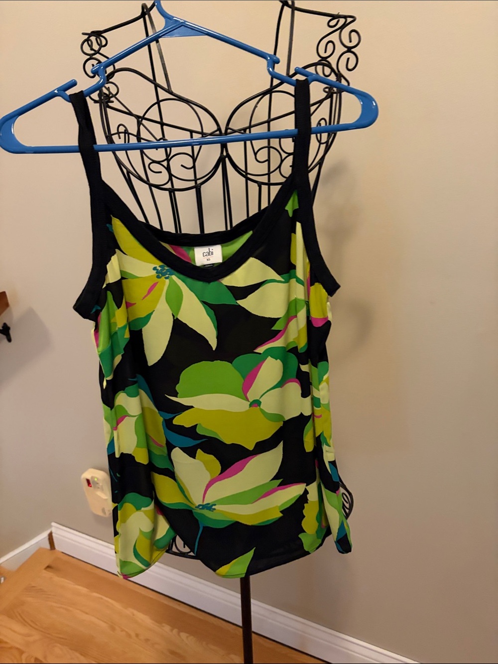 CAbi Black Tank Top with Lime Green and Pink Floral Print